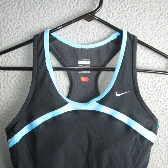 NIKE FIT DRY WOMENS' TANK TOP SHIRT BLACK BLUE MEDIUM 8-10 BUILT IN BRA POLYESTE - Picture 1 of 3